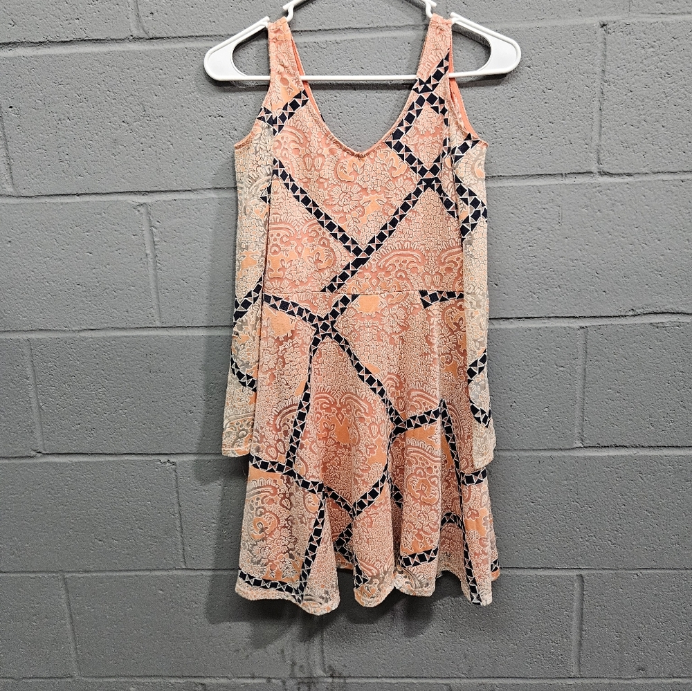 love, Fire Peach and Navy Patterned Long Sleeve Dress